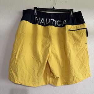 Vintage Nautica Mens Swim Trunks 90's Style XL XLarge Spellout Yellow Blue Lined